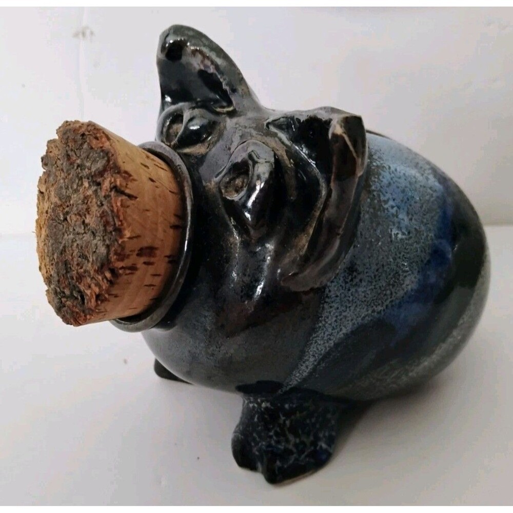 Vtg Wendt Pottery Idaho Clay Glaze Cork Nose Piggy Bank Stamped 1961 Black Blue